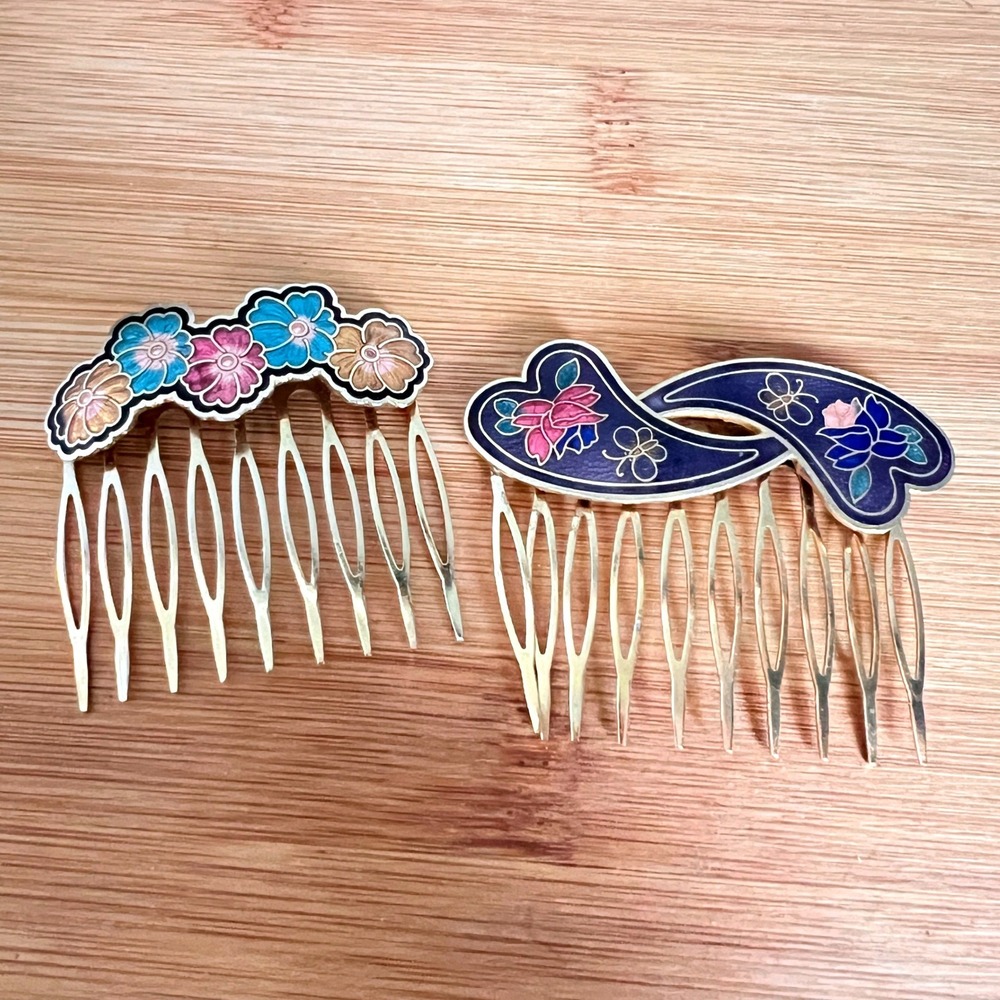 Cloisonne Hair Comb Set Floral Paisley Butterfly Gold Tone 2pc‎ Multi Color Vtg